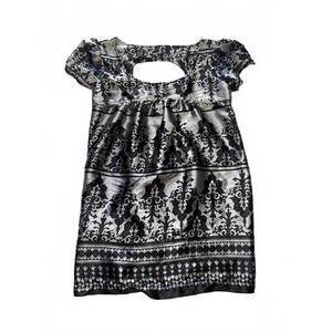 Tramp Black and Silver Patterned Short Sleeve Blouse S